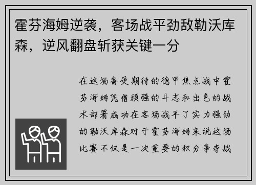 霍芬海姆逆袭，客场战平劲敌勒沃库森，逆风翻盘斩获关键一分